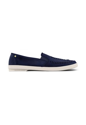 Marineblaue Slip-On-Casual-Schuhe mit gewebten Details entlang der Zehenpartie und einer weißen strukturierten Sohle.