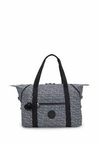 Borsa da viaggio a forma di borsa duffel, in tessuto con motivo in bianco e nero, dotata di due manici superiori, chiusura con zip e tasca frontale con logo del marchio.