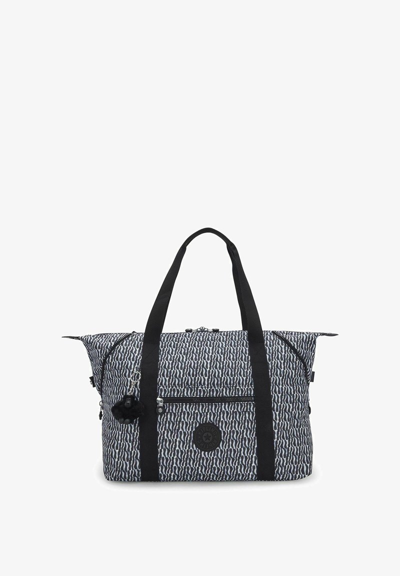 Borsa da viaggio a forma di borsa duffel, in tessuto con motivo in bianco e nero, dotata di due manici superiori, chiusura con zip e tasca frontale con logo del marchio.