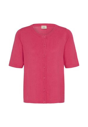 Kortærmet, knaldrød cardigan med knapper, rund halsudskæring og ribbet kanter, vist på en hvid baggrund.