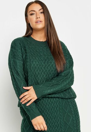 Waldgrüner Kabelstrickpullover mit Rundhalsausschnitt, langen Ärmeln und gerippten Bündchen. Das strukturierte Muster verleiht ihm Tiefe.