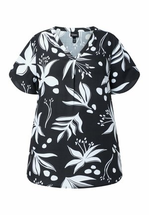 Schwarze kurzärmelige Bluse mit weißem großem Blumen- und Blattmuster, V-Ausschnitt und luftig-weiter Passform.