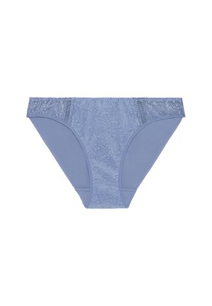 Blue women's bikini-style underwear with lace detailing on front and waistband, made of smooth fabric and floral lace.
