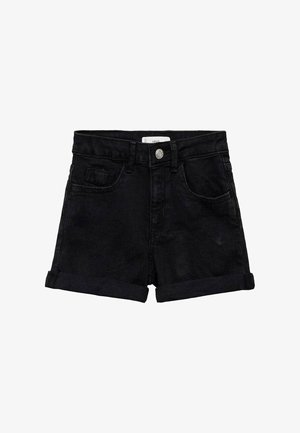 Shorts in denim nero con chiusura a bottone, quattro tasche, orli arrotolati e una trama liscia. Design semplice senza decorazioni.