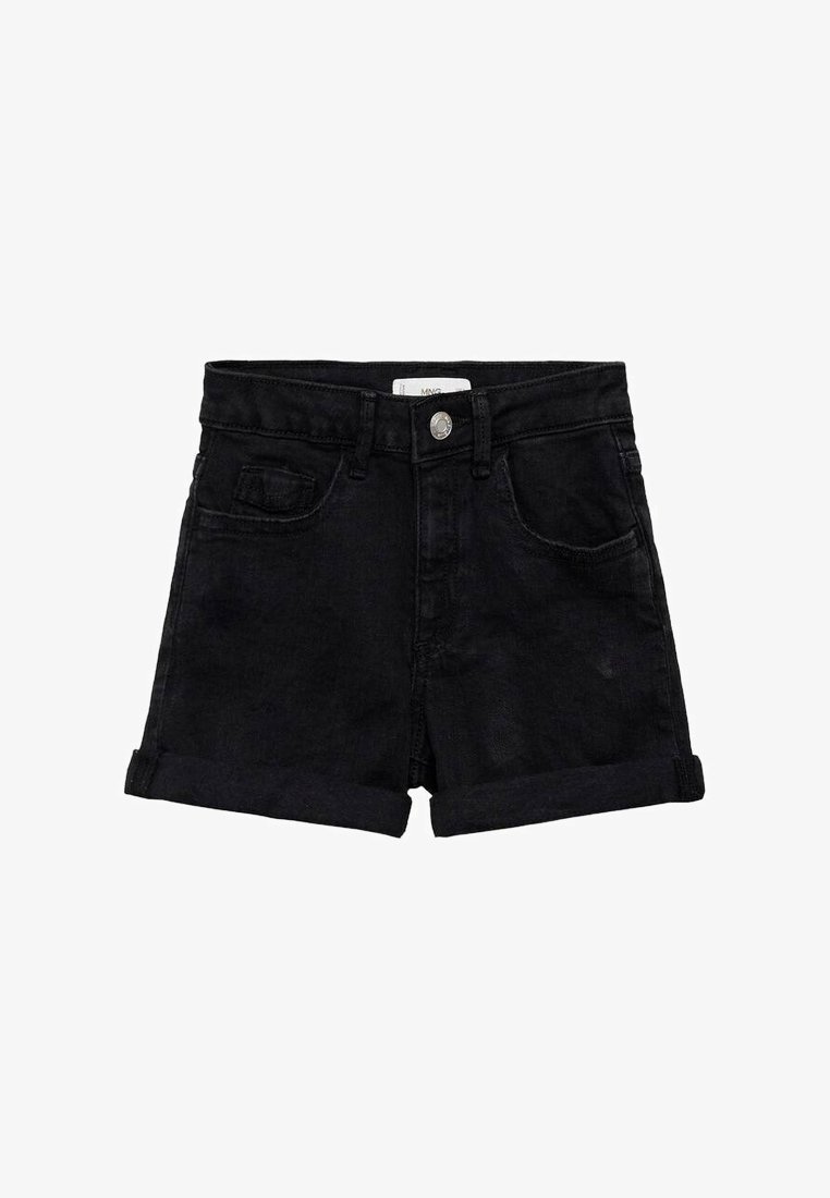 Črni džins kratke hlače s gumbom, štirimi žepi, zavitimi manšetami in gladko teksturo. Preprost dizajn brez okraskov.