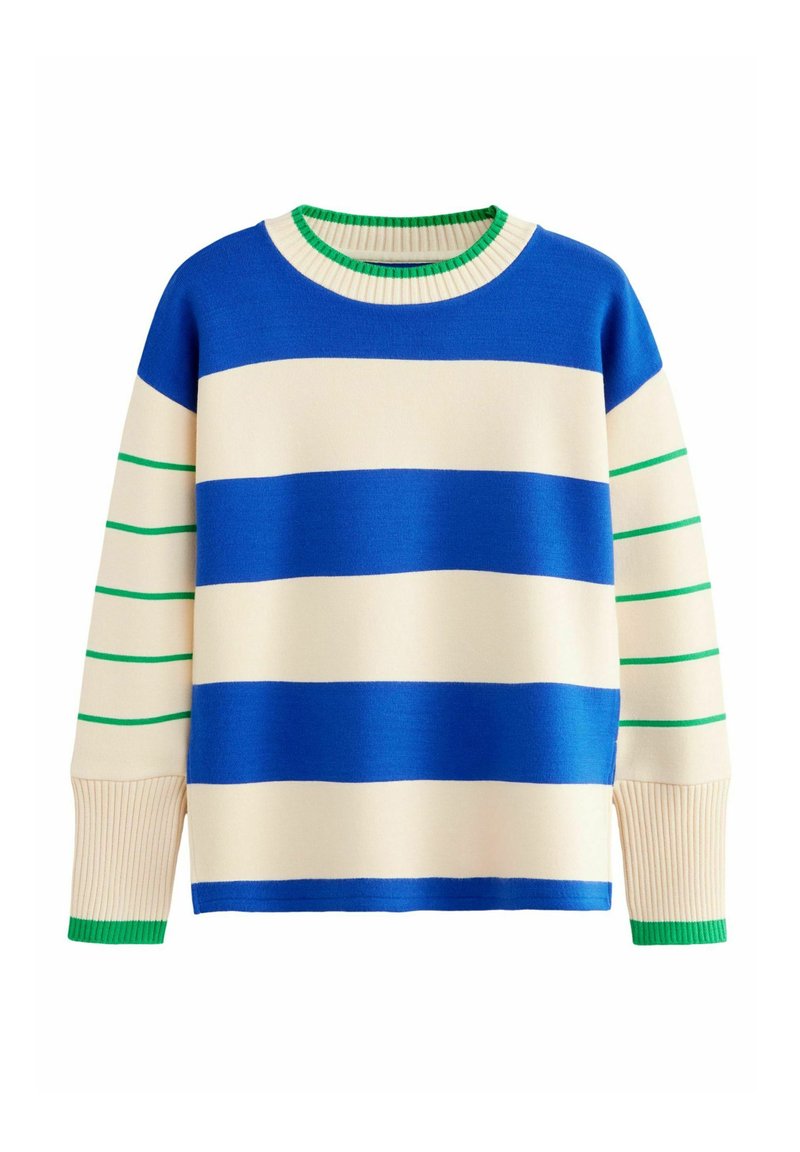Blauwe en crème gestreepte trui met groene accenten. Voorzien van een ronde halslijn en geribbelde manchetten, gemaakt van zachte, textuurstof.