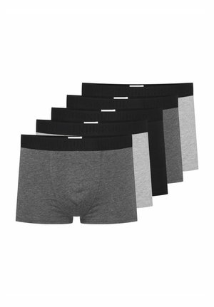 Set of five boxers in varying shades: dark gray, light gray, and black. Soft cotton material and elasticized waistband with logo detailing.