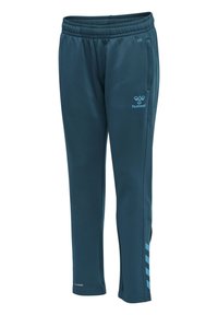 Teal idrottsbyxor av slät tyg, med elastisk midja, sidofickor och blå diagonala ränder längs de nedre benen.