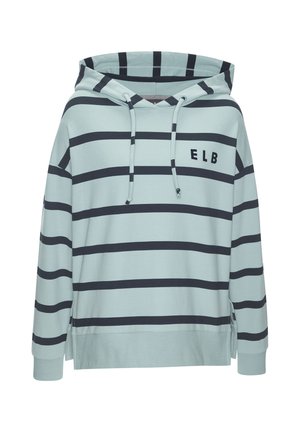 Light blue hoodie with black horizontal stripes, drawstrings, ribbed cuffs, and "ELB" text on the left chest.