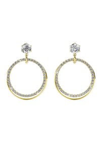 Orecchini a cerchio dorati con design circolare, impreziositi da strass trasparenti e sormontati da una gemma a forma di stella a sei punte.