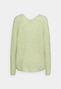 Ljust grön stickad sweater med V-ringning, långa ärmar och ett mjukt, något texturerat tyg. Har en avslappnad passform och rundad nedkant.