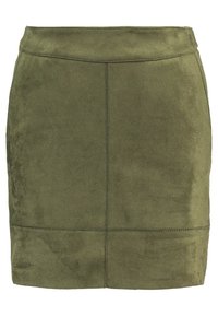 Mini nederdel i olivengrønt ruskind med tætsiddende design, panel-syninger og glat tekstur. Ingen synligt hardware eller detaljer.