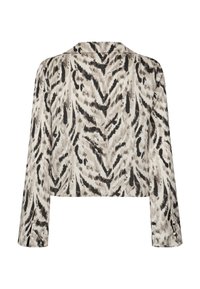 Blouse courte en imprimé animal beige et noir. Manches longues avec des boutons aux poignets. Tissu lisse avec une texture douce et légère.