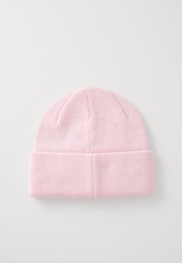 Pink knit beanie hat with a folded cuff. Soft texture, rounded top, and subtle ribbed pattern throughout. Suitable for casual wear.