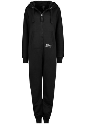Black hooded onesie featuring a front zip, large pouch pocket, and ribbed cuffs. Made from soft fabric with subtle logo detail on the chest.