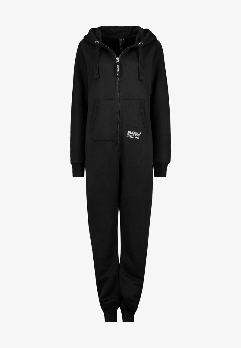 Black hooded onesie featuring a front zip, large pouch pocket, and ribbed cuffs. Made from soft fabric with subtle logo detail on the chest.