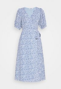 Florales Wickelkleid aus leichtem Stoff, mit V-Ausschnitt, kurzen Puffärmeln und einem blau-weißen Blumenmuster.