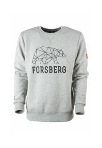 Szary sweter z geometricznym wzorem niedźwiedzia w kolorze czarnym, z napisem "FORSBERG" poniżej grafiki oraz ściągaczami przy mankietach i u dołu.