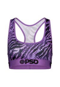 Lilla sports-BH med et mønster av slangeskinn og zebra-striper. Inkluderer en bred svart elastisk bånd med merke nederst og racerback-design.
