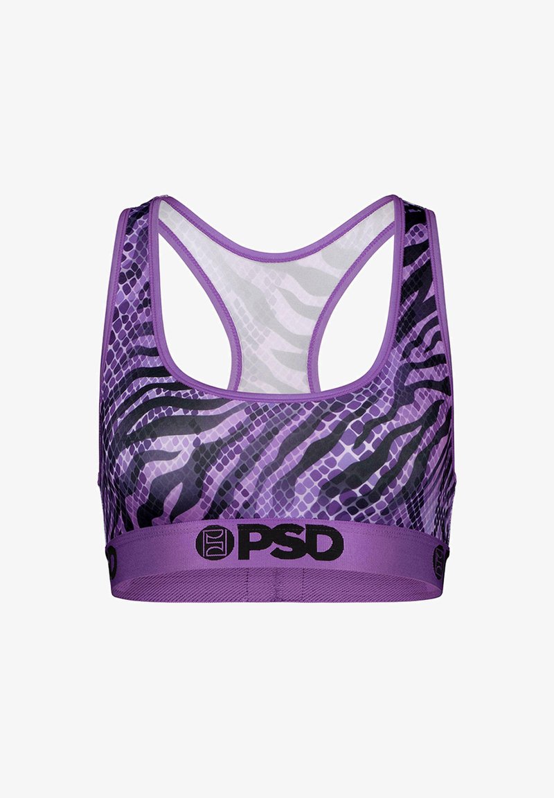 Soutien-gorge de sport violet avec un motif en peau de serpent et des rayures zébrées. Comprend une large bande élastique noire de marque en bas et un design dos nu.