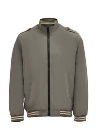 Veste bomber grise en matériau léger avec fermeture éclair à l'avant, deux poches latérales et poignets et ourlet en tricot rayé.