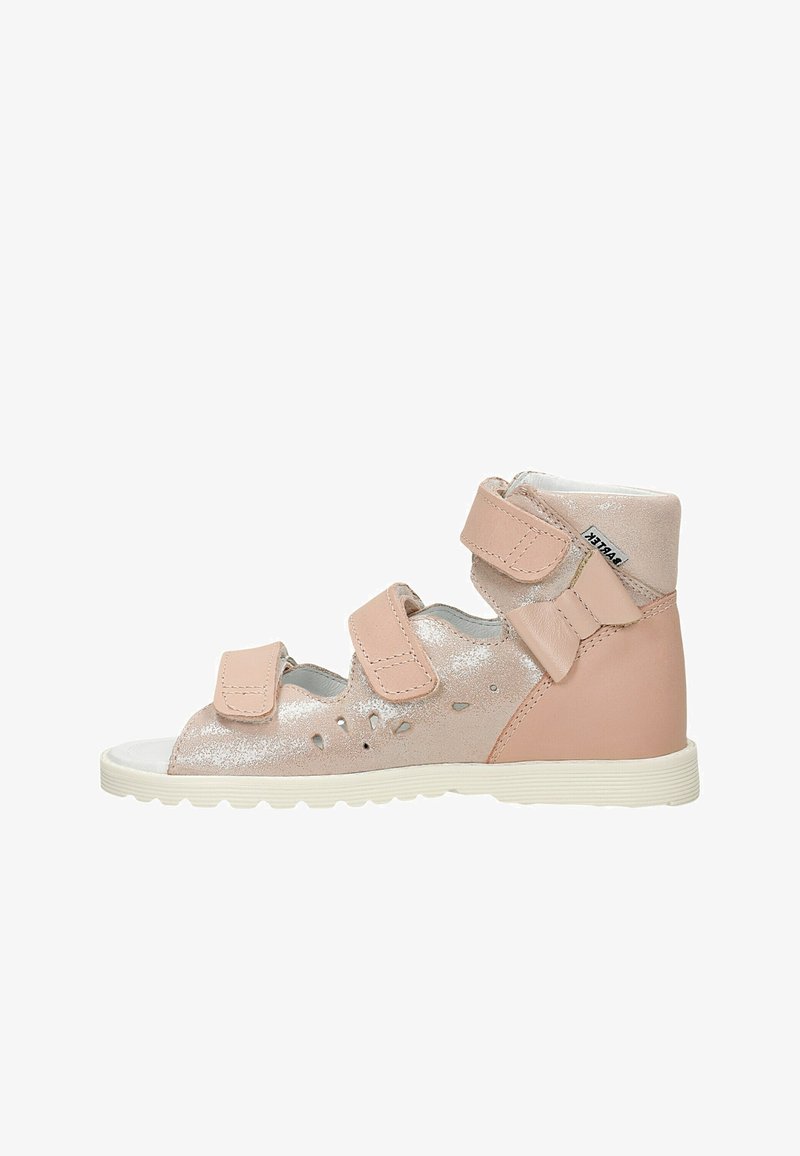 Sandale orthopédique pour enfant de couleur rose clair avec trois brides réglables, finition pailletée, talon arrière haut et renforcé, et semelle souple.