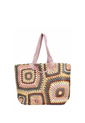 Hæklet mulepose med flerfarvede granny square-mønstre i pink, brun, beige og blå samt pink stofhåndtag.