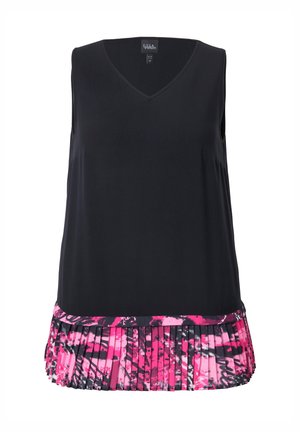 Débardeur noir sans manches avec un col en V, mettant en avant un ourlet plissé dans un motif abstrait rose et noir. Texture lisse avec des éléments contrastants.