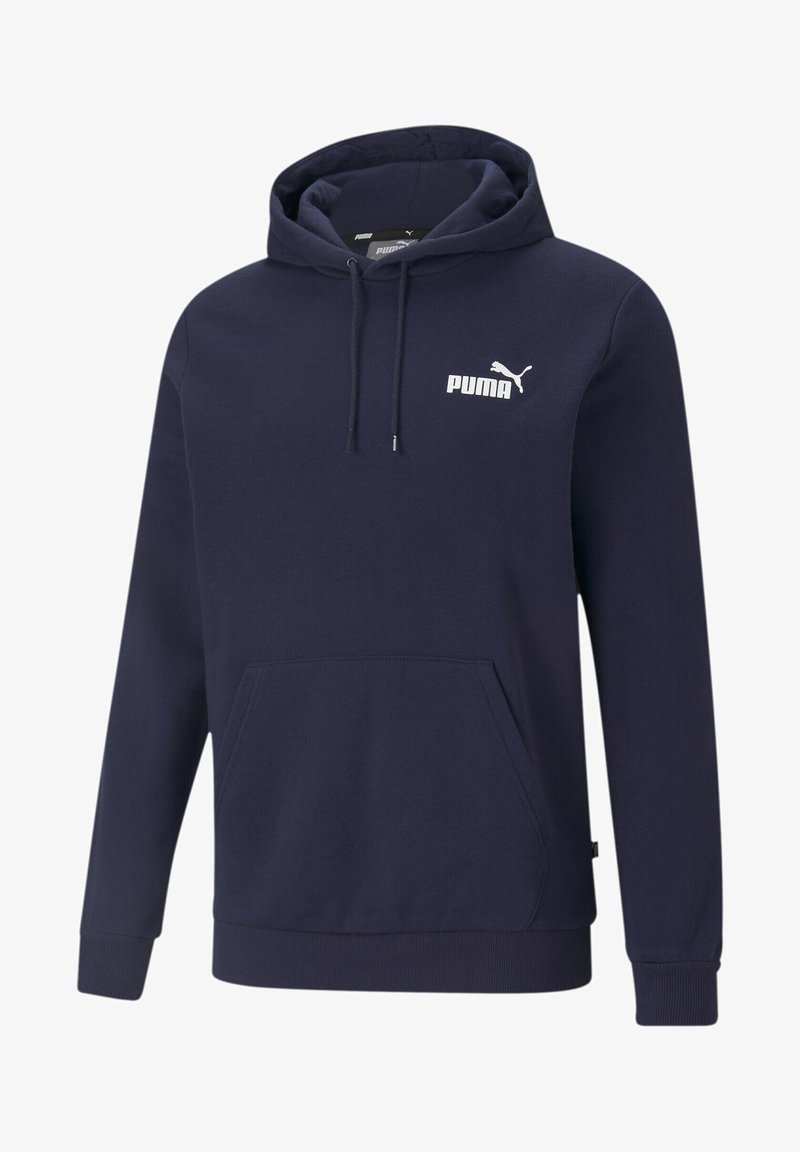 Sudadera de color azul marino con capucha y bolsillo canguro, y puños acanalados. Presenta el logo blanco de Puma en el pecho y cordones en la capucha.