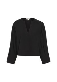 Svart kort topp med djup V-hals, trekvartslånga ärmar och en mjuk tygkvalitet, med vikta manschetter och raglan-sömmar.