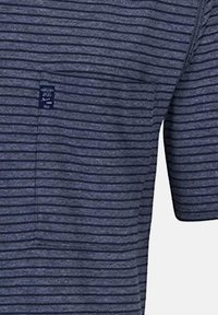 Navy blue striped short-sleeve t-shirt featuring a textured fabric, with a small label on the front near the shoulder.