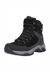 Svart vandringskänga med texturerad ovandel, gummisula, metallöglor och grå detaljer. Har ett snörningssystem för en säker passform.