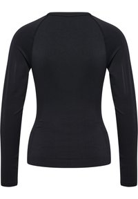 Langärmliges schwarzes Oberteil aus dehnbarem Stoff, mit Rundhalsausschnitt und nahtlosem Design. Glatte Textur mit taillierter Silhouette.