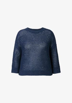 Marineblauer, grob gestrickter Pullover mit offenem Strickmuster, rundem Ausschnitt und dreiviertellangen Ärmeln.