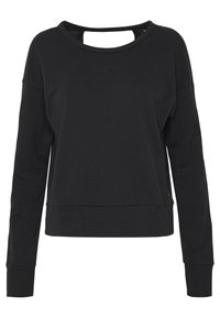 Sudadera negra de mangas largas, con escote redondeado y detalle recortado en la parte posterior. Confeccionada en una tela suave y de corte relajado.