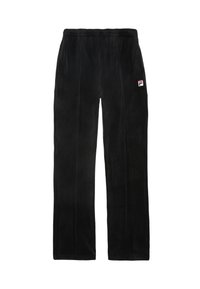 Svarta velour sweatpants med elastisk midja, med sid sömmar och ett litet färgat logotyp-märke på övre vänstra benet.