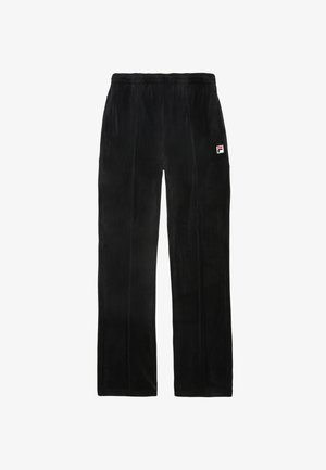 Zwarte velours sweatpants met een elastische tailleband, voorzien van zijnaden en een klein gekleurd logo-patch op de bovenste linkerbeen.
