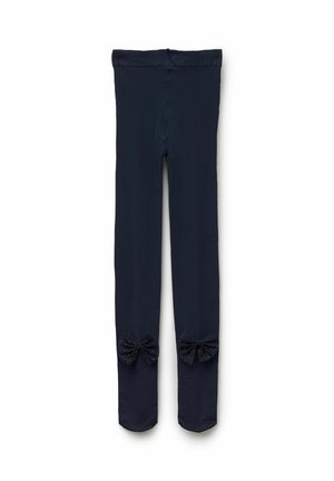 Leggings bleus marine en tissu doux, avec des accents de nœud décoratifs au bas des jambes, embellis d'un motif moucheté. Ceinture élastique.