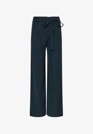 Pantalones de pierna ancha en tela de color azul marino oscuro. Presentan una cintura envolvente con un cinturón atado y dos bolsillos laterales. Textura suave con un detalle mínimo.