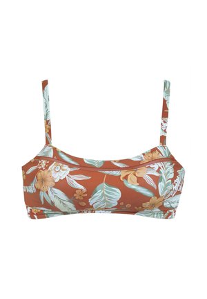 Brown bikini top with green and white tropical leaf and flower print, featuring thin shoulder straps and straight neckline.