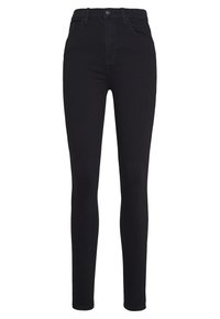 Zwarte skinny jeans van stretchdenim. Hoge taille met vijf zakken, een knoopsluiting en riemlusjes. Gladde textuur.