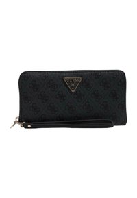 Portafoglio Guess nero con esterno testurizzato, placca logo in tonalità dorata, chiusura con zip e tracolla. Presenta un motivo a monogramma in rilievo.