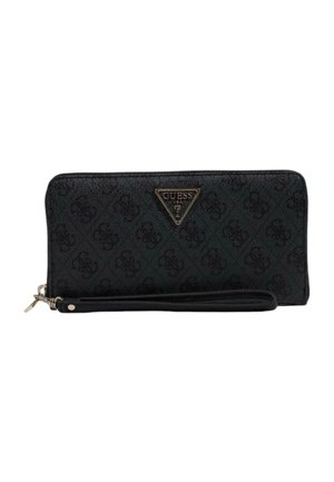 Portafoglio Guess nero con esterno testurizzato, placca logo in tonalità dorata, chiusura con zip e tracolla. Presenta un motivo a monogramma in rilievo.