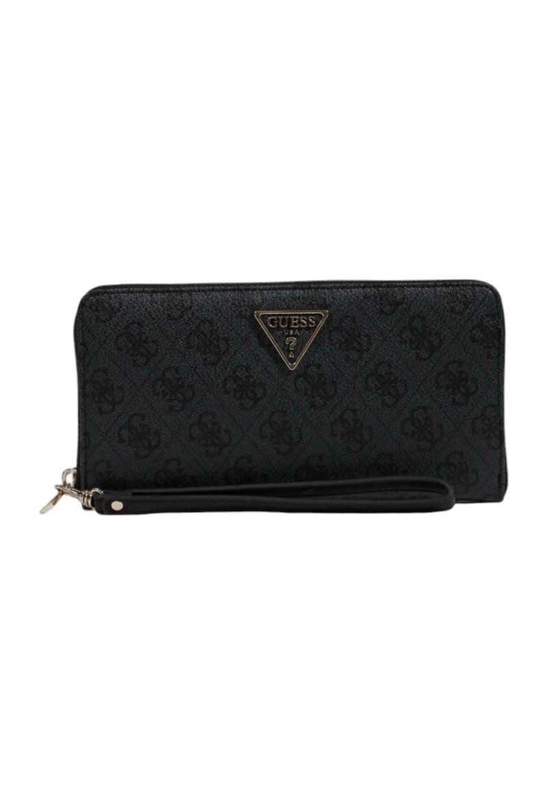Portafoglio Guess nero con esterno testurizzato, placca logo in tonalità dorata, chiusura con zip e tracolla. Presenta un motivo a monogramma in rilievo.