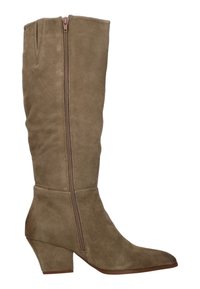 Knee-high, bruine suède laarzen met een spitse neus en een mid-height blokhak. Voorzien van een zijrits en een gladde textuur.