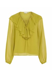 Limettengrüne Bluse mit geschichteten Rüschen am Ausschnitt und langen, transparenten Puffärmeln. Enthält eine Bindeschleife vorne.
