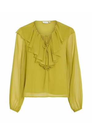 Blusa verde lima con volantes en la parte del cuello y mangas largas de tul. Incluye un detalle de lazo en la parte delantera.
