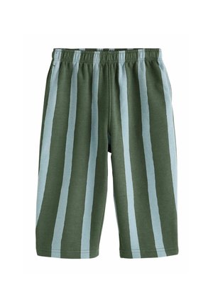 Kniehohe Shorts mit vertikalen dunkelgrünen und hellblauen Streifen und einem elastischen Bund.