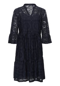 Robe en dentelle bleu foncé avec manches trois-quarts volantées, motifs floraux et géométriques, et col en V léger.