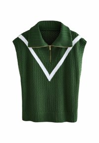 Grüner ärmelloser Strickpullover mit geripptem Kragen, Reißverschluss und weißen V-Musterakzenten. Strukturierter Stoff mit offenem Gewebedesign.